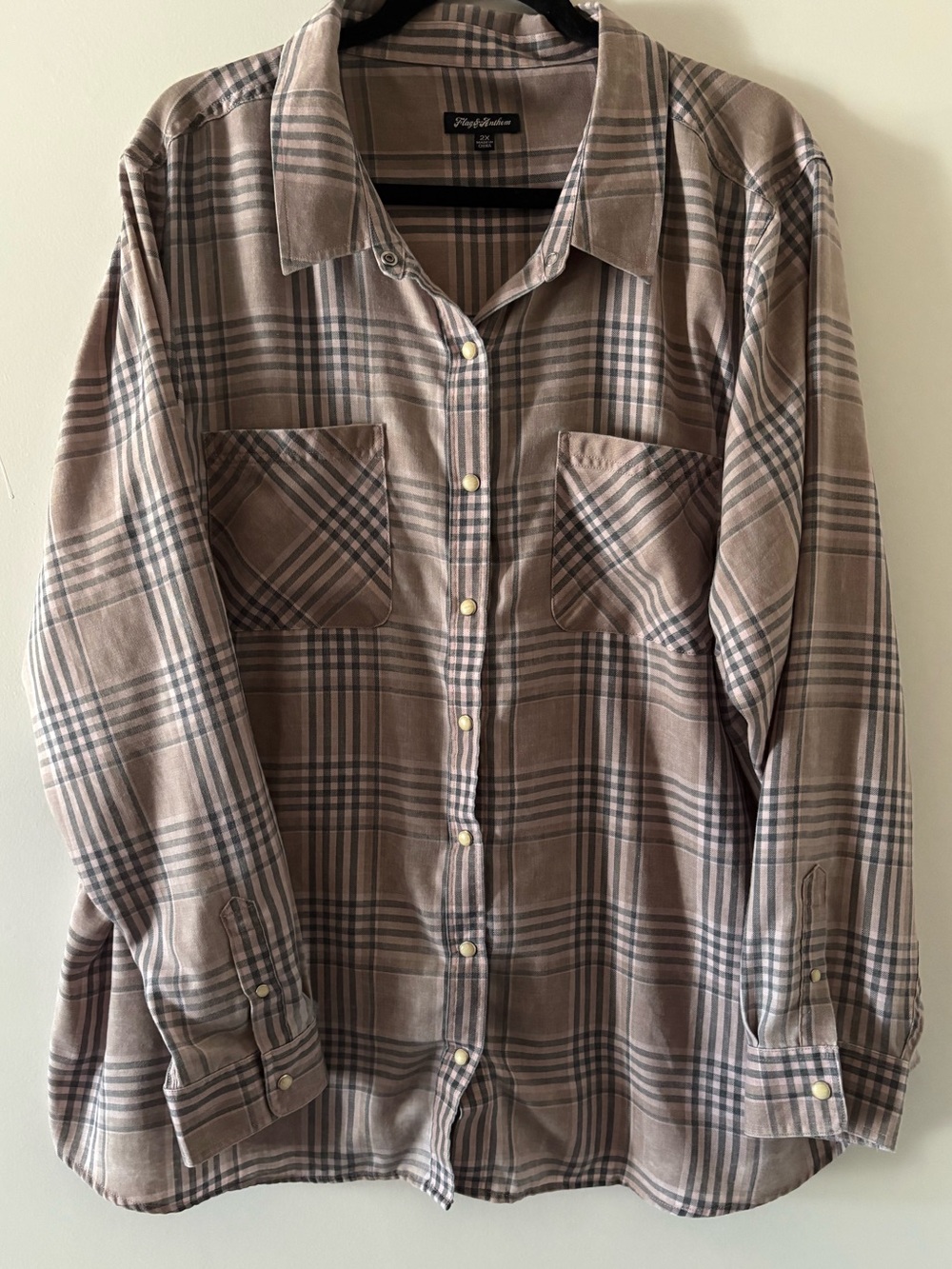 Woman’s Plaid Button-Up Shirt in Taupe